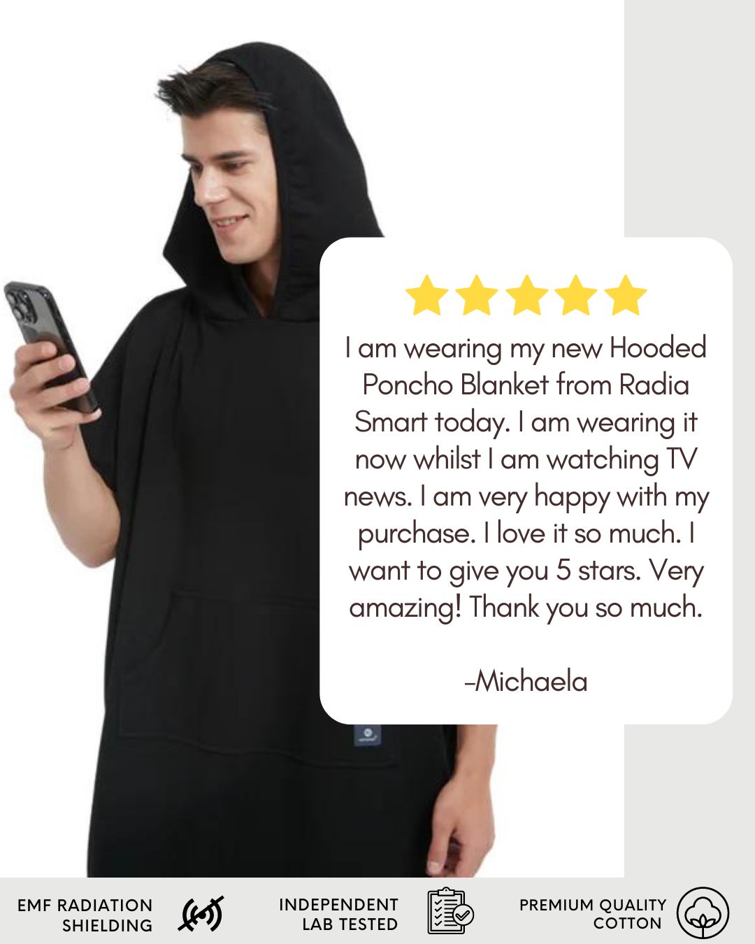 The Radia Smart® Adult Hooded Poncho Blanket (Black) offers EMF protection with silver-lined Faraday fabric that blocks RF and 5G radiation. Designed for comfort and wellness, it supports fertility health while reducing daily exposure to harmful wireless signals. Soft, breathable, and stylish, this hooded poncho blanket is perfect for home or travel, providing cozy coverage and peace of mind in today’s connected world.
